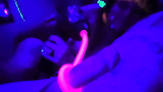 Blacklight Goth Girl with Neon Hair Edges Big Dick with Crazy Massage Gun Toy Gets Huge Cumshot