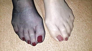 Cum on wife's nylon feet - Red polish on toenails