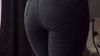 Sexy MILF In Tight Black Jeans Flashing White Thong Whale Tail