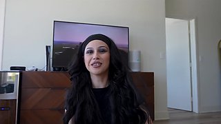 Hot brunette babe worships my huge cock with her mouth, then begs me to fill her pussy up with it