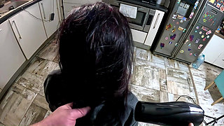 Bathrobe MILF Hair Drying And Brushing Blowjob With Cum In My Hair