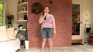 Brunette spreads cheeks for rimming and toy fun