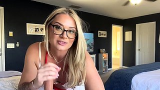 Blonde cumshot amateur MILF POV jerking in the kitchen