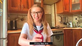 Young Beauty in Japanese College Uniform Masturbates in the Kitchen and Chats with You