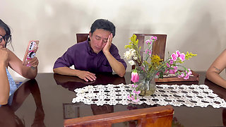 Old Man Fucks His Two Beautiful Lesbian Stepdaughters with Big Asses and Big Tits