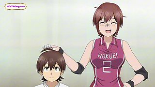 Tiny guy overwhelmed by tall athletic anime giantess babes