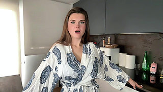 Busty Step Mother Seduces Step Son in the Kitchen, Shows Him Milky Tits and Masturbates Big Cock