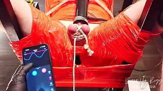 Diana Von Rigg Merciless Cock Milking - Tight Shiny Red Plastic Mummification & Remote Anal Stimulation