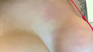 Busty curly brunette with big boobs fucks on couch