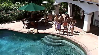 Outdoor lesbian fisting party at the pool