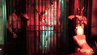 2 satans break from their cages and screw a black-haired in white pantyhose