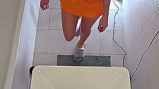 No Bra No Panties Cute Petite Amazingly Beautiful Real College Girl Is Playing with Creme in the Bathroom in a Short Mini Skirt