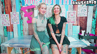Heavily Inked Tattoo Artist's Anal Threesome - Raw Ass Fuck During Session & Cumshot on Fresh Tattoo