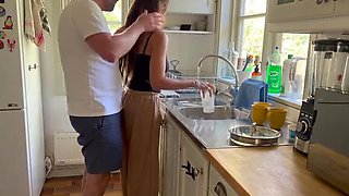 Horny Husband Watches Hot MILF Wife Wash Dishes and Takes Her Doggy Style in Kitchen