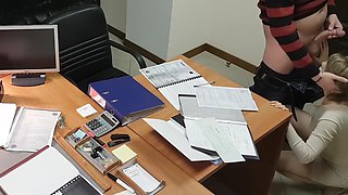 Hot office secretary sucks and rides her boss on the desk