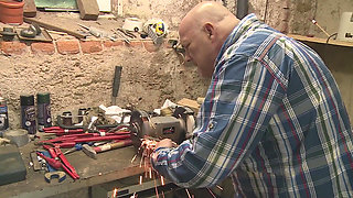 Blonde Babe Sucks Cock and Spreads Pussy in Workshop