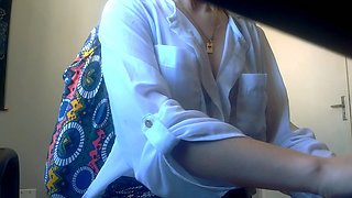 Hot secretary starting masturbation while working , already wearing just skirts and no panties