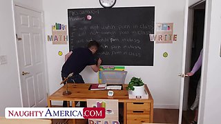 NAUGHTY AMERICA Sexy teacher Sadie Summers catches student watching porn and helps him relieve himse