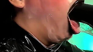 A Demon Dressed in Latex, Latex Gloves, a Latex Suit, and Black Lips, Sensually Sucks Your Cock and Spits Saliva and Semen on Me