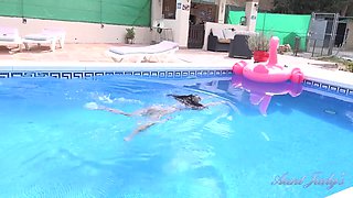 Linda Del Sol Strips and Plays For You in the Pool