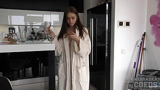 Voyeur Catches Brunette Sonjas Robe-to-Shower Masturbation