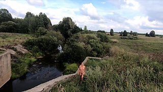 Blonde Babe Strips on the Bridge