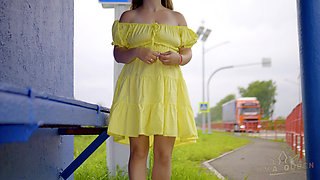 128 Subtle Outdoor Flirting with Passing Drivers at a Bus Stop. Do You Like My Legs? 60fps