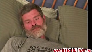 Bearded construction employee jacks sizzling jizz from his ginormous spear