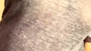 Busty curly brunette with big boobs fucks on couch