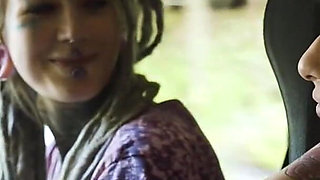 Roadtrip Tattooed Girl Fucks a Girl Anal with a Big Toys in Vintage Talbot Express