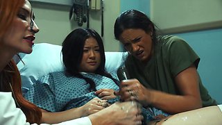 Four horny babes indulge in a wild reversed ride on the doc's giant dildos