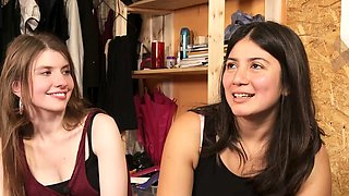 Blonde and brunette lesbian teen belles play