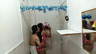 Old Man Has Sex with His Beautiful, Busty Maid in the Bathroom for Christmas