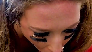 Cheerleader teen Febby Twigs cheerleader deepthroat POV blowjob and cum swallow