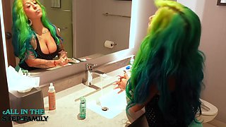 Tattooed Green Haired Stepdaughter Rides Bald Stepdad Cowgirl!