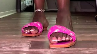 Brunette with foot fetish rubs big dick with her feet in POV