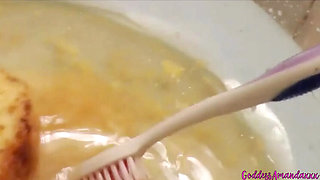 Goddess Amanda Humiliates Piggy Slave with Food & Toothbrush in Bathroom Fetish