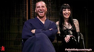 Vicious tattooed femdom torments bound man