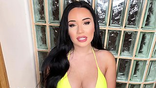 Busty curly brunette with big boobs fucks on couch