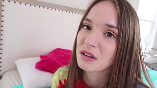 Hazel Moore, the cute brunette, jerks off her stepbro's huge dick with her mouth and tiny tits