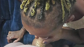 Very hot black girl with braided her sucks white man cock & gets spooned by white man