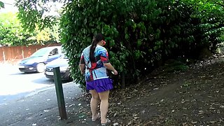 Short and thick brunette outdoor pising and public flashing