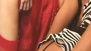 Sexual Group Scene-2_blonde and Brunette Busty MILFs Share a Leather-masked Man's Cock