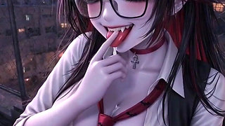Cute Vampire Student, Waiting for You on the Roof at Night
