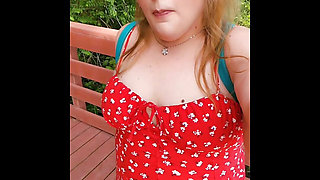 Flashing tits, fat pussy, and ass on public outdoor nature trail forest, red dildo in pussy after