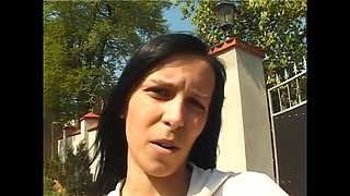Brunette beauty masturbates then gives POV blowjob