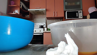 Hairy brunette bread, big tits, sensual hairy woman in the kitchen. Sexy MILF, hairy pussy, big ass
