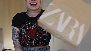 Alt Girl Step Mom with Massive Tits Uses the Spider Shirt as Bait Then Takes a Creampie on the Only Bed