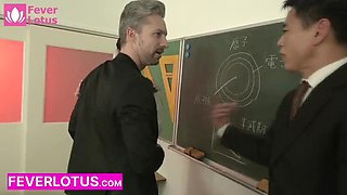 Hot Japanese Teacher Gets Double Penetrated by Principal & White Director in Classroom – Raw Creampie Threesome