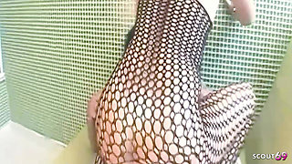 Sexy Blonde Teen Milena Santos in Fishnet Stockings Getting Fucked by Guys at the Spa